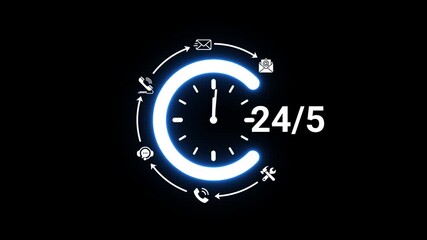 Vibrant blue circular with clock and communication illustrating 24 7 customer service and connectivity on a black canvas