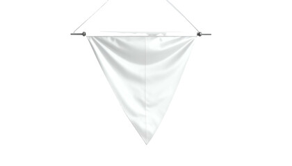 White, blank, triangular pennant banner suspended from a dark background, showcasing its shape