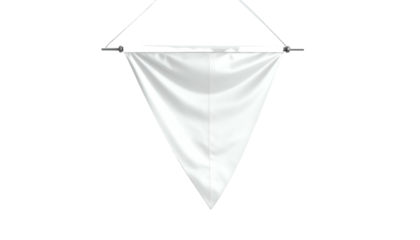 White, blank, triangular pennant banner suspended from a dark background, showcasing its shape