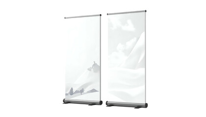 Two vertical screens, one plain, the other with a faint, snowy landscape, set against black