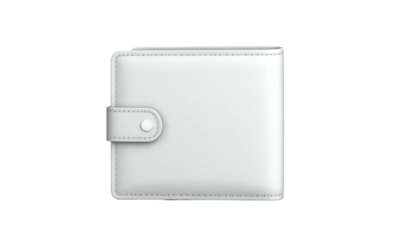 White, square leather wallet with a snap closure, centered on a black background