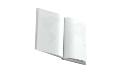 Open book with blank, white pages and a faint world map background, angled on black