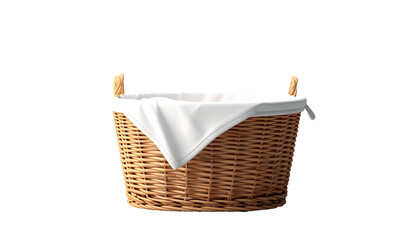 Obraz premium A brown wicker basket with wooden handles and a white liner against a black backdrop