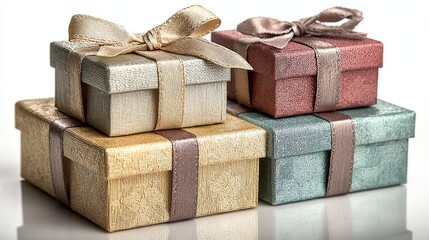 Professionelle Stilllebenfotografien zeigen mehrere sorgf&auml;ltig gestapelte Premium-Geschenkboxen, die mit luxuri&ouml;sen Satinb&auml;ndern verziert sind und satte Juwelent&ouml;ne aufweisen.
