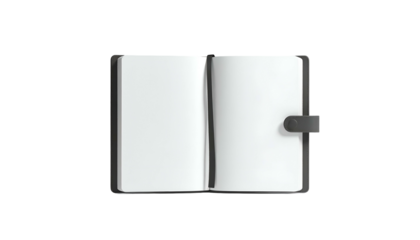 Top-down view of an open notebook with blank white pages against a dark backdrop