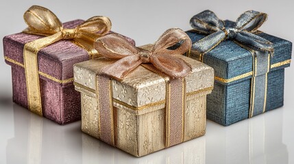 Professionelle Stilllebenfotografien zeigen mehrere sorgf&auml;ltig gestapelte Premium-Geschenkboxen, die mit luxuri&ouml;sen Satinb&auml;ndern verziert sind und satte Juwelent&ouml;ne aufweisen.