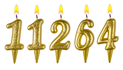 Golden birthday candles with burning flames, displaying the numbers 11264, set against black