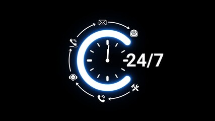 Glowing neon blue circular representing 24/7 customer support with communication symbols and a clock face on a dark black background