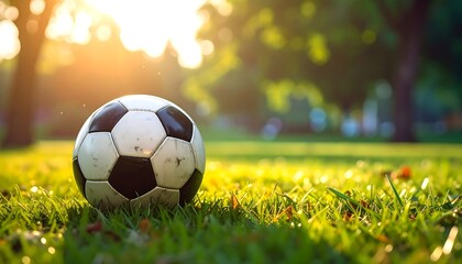 Soccer ball on sunlit grass