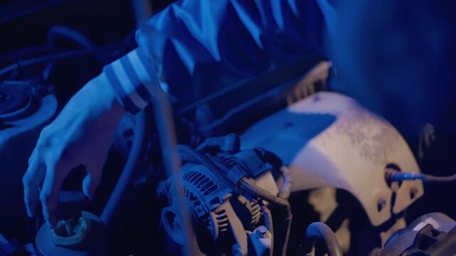 night hood alternator repair with hands technician tightens belt and checks pulley grease and wiring under deep blue light focused cinematic mood closeup of tools and moving hands urgent repair action