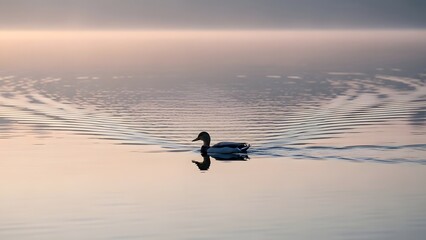 A serene duck swimming on calm water with a beautiful sunset reflection