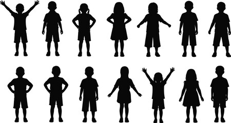 Children silhouette collection, standing pose variety, black vector figures, child gesture reference, posture diversity illustration, kids body language pack © Aroshi Jannat 