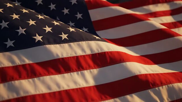Golden hour lighting softly illuminating the elegant folds of the American flag fabric backdrop with a warm cinematic glow perfect for peaceful themes silk, texture, template