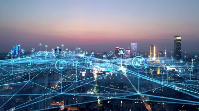 smart Connected city skyline. Futuristic network concept, city Technology.