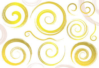 手書き筆タッチの和風ぐるぐるうずまき素材セット/金