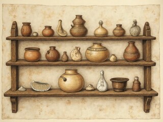 Ancient Clay Pottery Displayed on Rustic Wooden Shelves