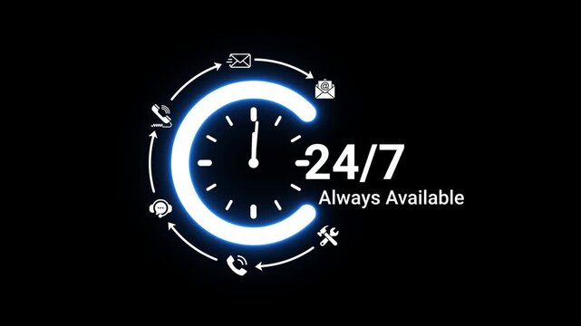 Illuminated neon blue clock with communication symbols and arrows signifying constant availability and 24/7 service on a black backdrop with text 24/7 Always Available Keywords: 24/7, always