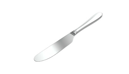 A shiny, silver butter knife with a rounded tip, floating in a black void