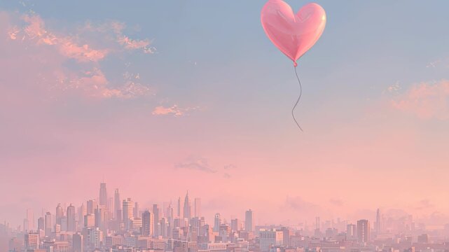 digital painting of heart-shaped balloon floating above city skyline, pastel soft pink background, minimal dreamy valentine style