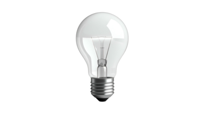 A clear, illuminated light bulb against a stark black background, showcasing its inner filaments