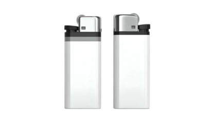 Two white disposable cigarette lighters, facing forward, placed against a black background