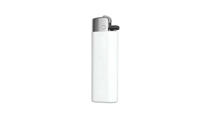 A white disposable plastic lighter, silver cap, on black background