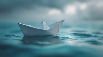 White Paper Boat Floating on Blue Water Under a Cloudy Sky