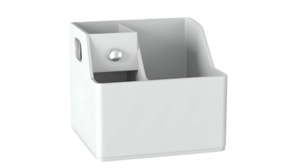 White desk organizer with multiple compartments and a small, round metal accent