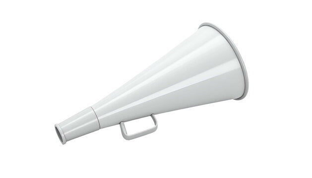 A sleek, white, three-dimensional megaphone angled slightly on a black background