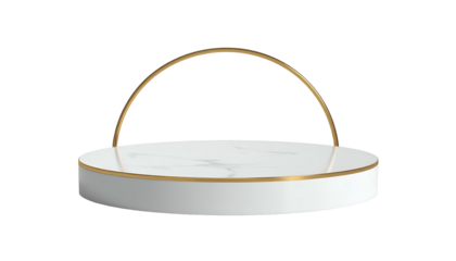Elegant white marble podium with gold trim and a curved handle, isolated on black