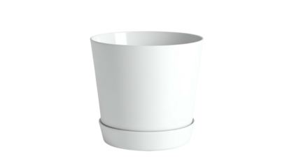 Isolated white ceramic planter with saucer on black background, clean and modern