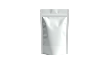 A small white, vertically oriented, foil-like pouch with a zip closure on a black background