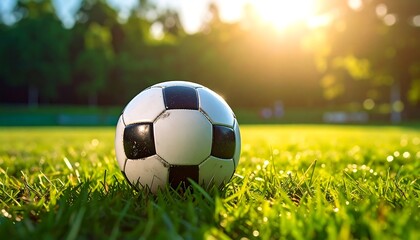 Soccer ball rests on grass