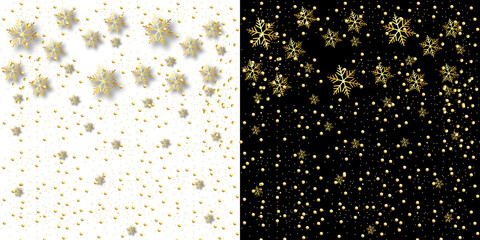 Golden snowflakes scattered in festive winter pattern. Warm holiday snowfall dots with rich sparkle.