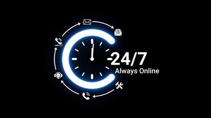 A glowing blue neon clock with surrounding communication and service in a continuous loop alongside the text 24/7 Always Online on a dark black background representing constant digital presence - Powered by Adobe