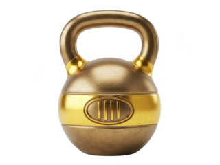 Golden kettlebell with detailed design on transparent background