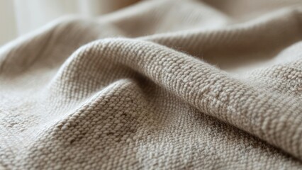 Fototapeta premium Close-up view of a draped, textured, beige fabric. Soft, flowing folds and visible weave create a tactile feel