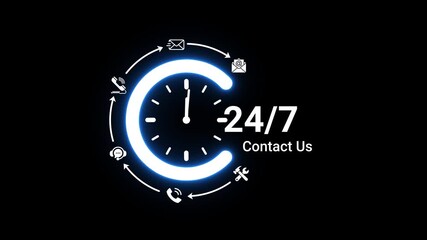 Glowing neon blue 24/7 contact us symbol with clock face and communication on a dark black background representing constant customer service availability and support options