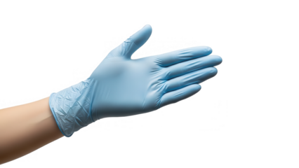 A blue latex glove presenting with an open palm on transparent background