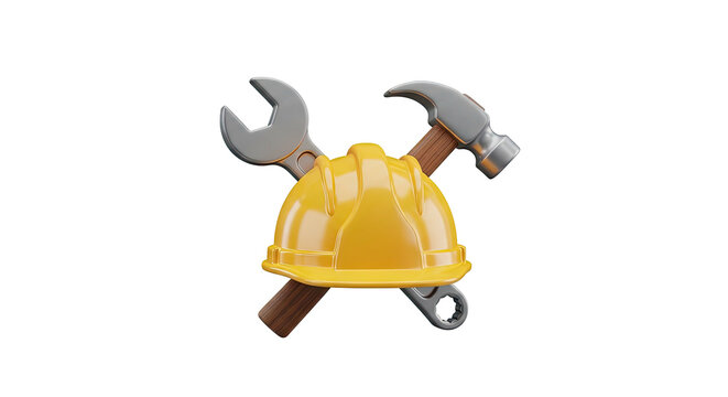 Yellow hard hat with crossed hammer and wrench 3 d construction tools icon
