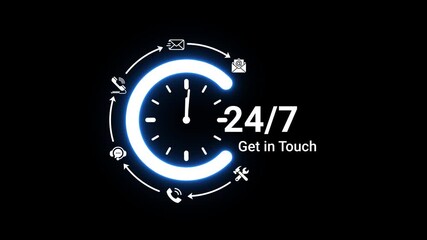 Illuminated neon blue 24/7 get in touch symbol featuring a clock face and diverse communication arranged in a circle on a deep black backdrop signifying continuous accessibility and client engagement