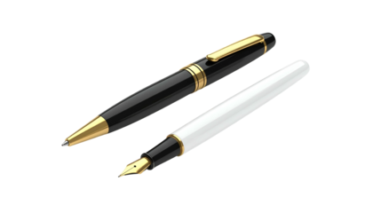 Two sleek pens, one black with gold accents, the other white with a gold nib, isolated on black