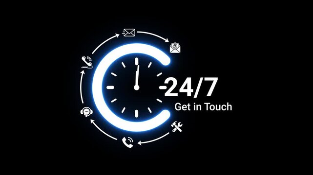 Illuminated neon blue 24/7 get in touch symbol featuring a clock face and diverse communication arranged in a circle on a deep black backdrop signifying continuous accessibility and client engagement