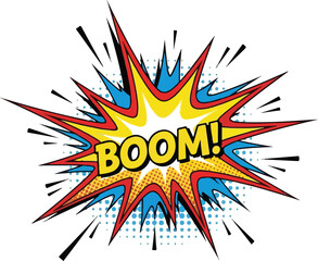 Explosive Comic Book Style Boom! Illustration in Red, Yellow, and Blue