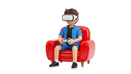Boy Playing VR Game on Red Sofa - 3D Illustration