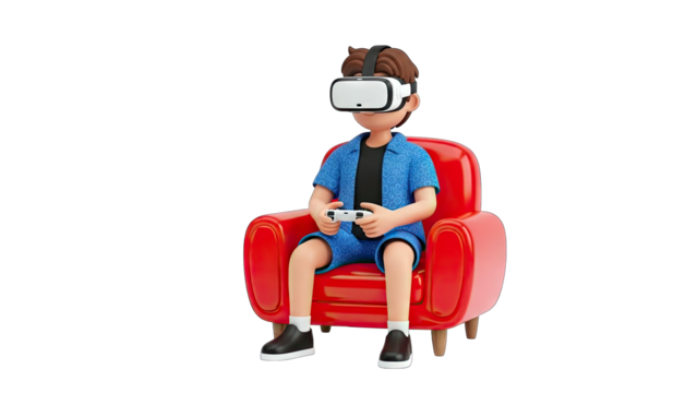 Boy Playing VR Game on Red Sofa - 3D Illustration - Powered by Adobe