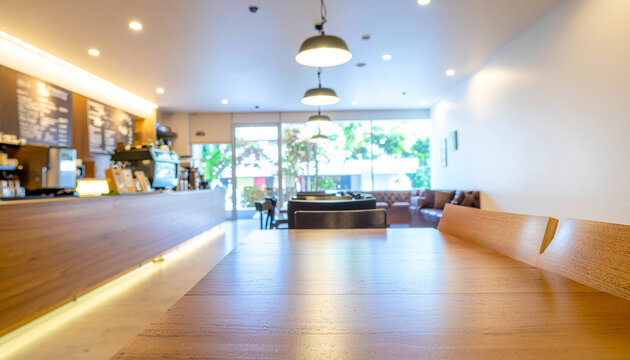 Modern coffee shop interior featuring wooden counter, hanging pendant lights, clean minimalist layout, and warm ambient lighting. Perfect for cafe branding, hospitality, and lifestyle visuals.