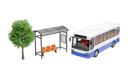 Bus, Bus Stop, and Tree in a Clean Environment