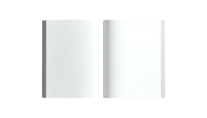An open, blank book, viewed from above, with bright white pages and a black background