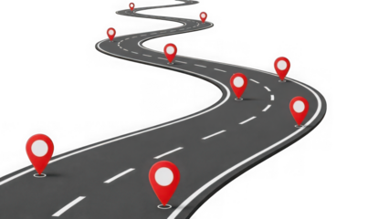 Winding road with multiple red location pins for navigation and gps tracking isolated on transparent background